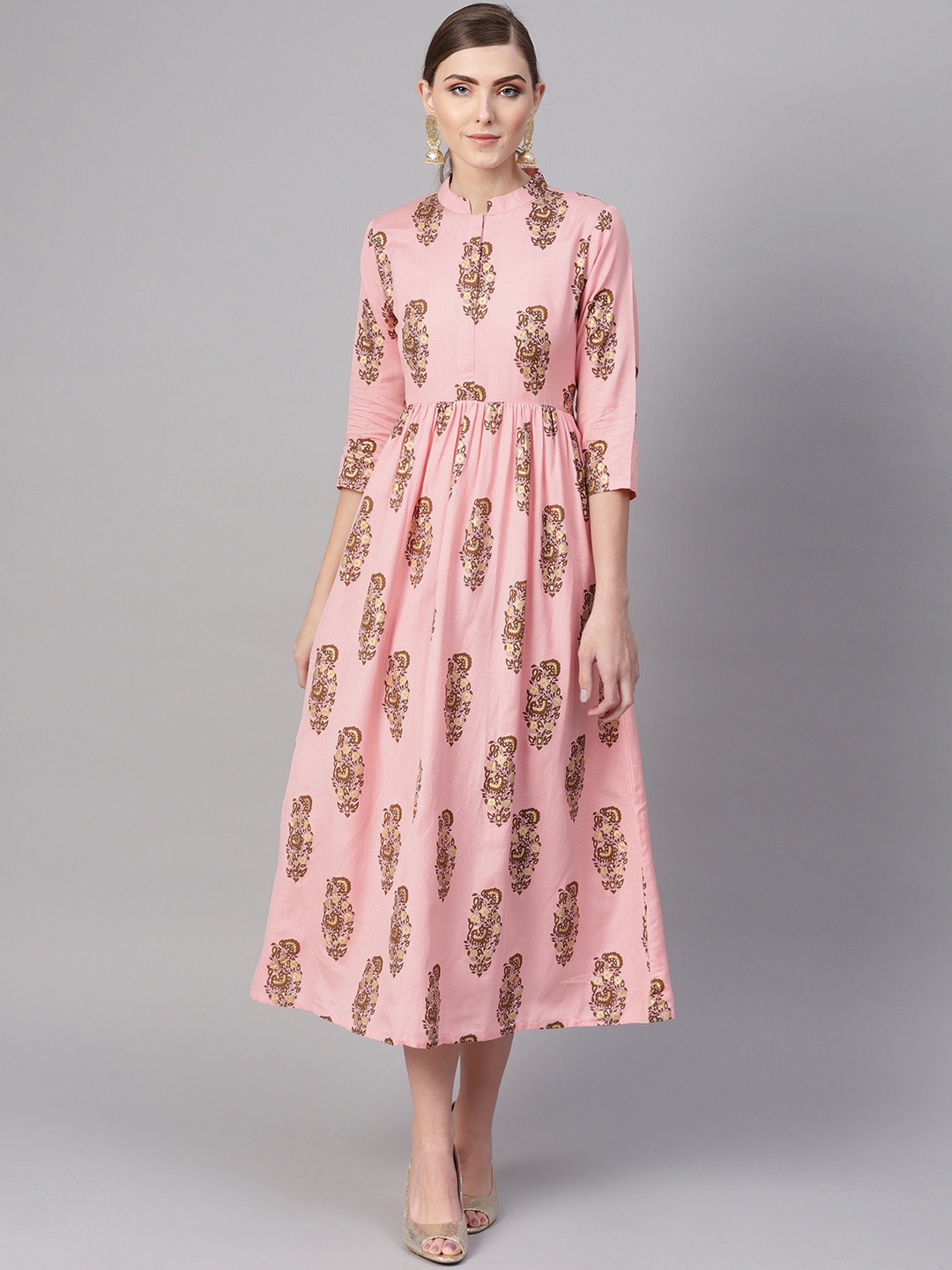 

GERUA Women Pink & Brown Block Print A-Line Dress