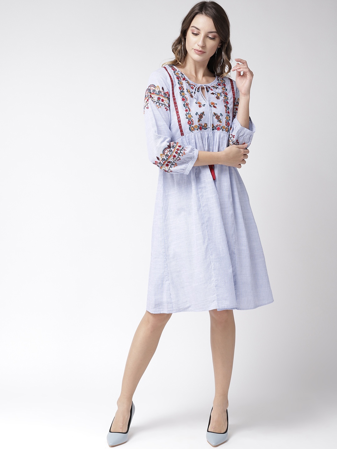 

Antheaa Women Blue & White Striped A-Line Dress with Embroidered Detail