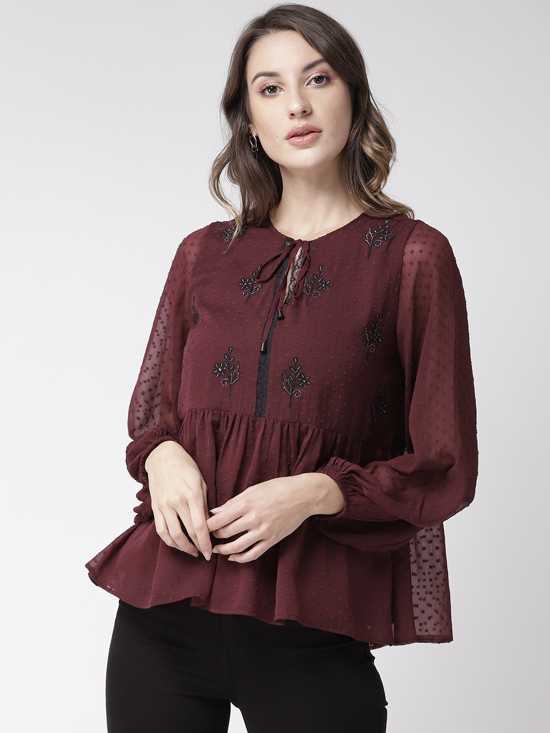 

Antheaa Women Burgundy Self-Design A-Line Top