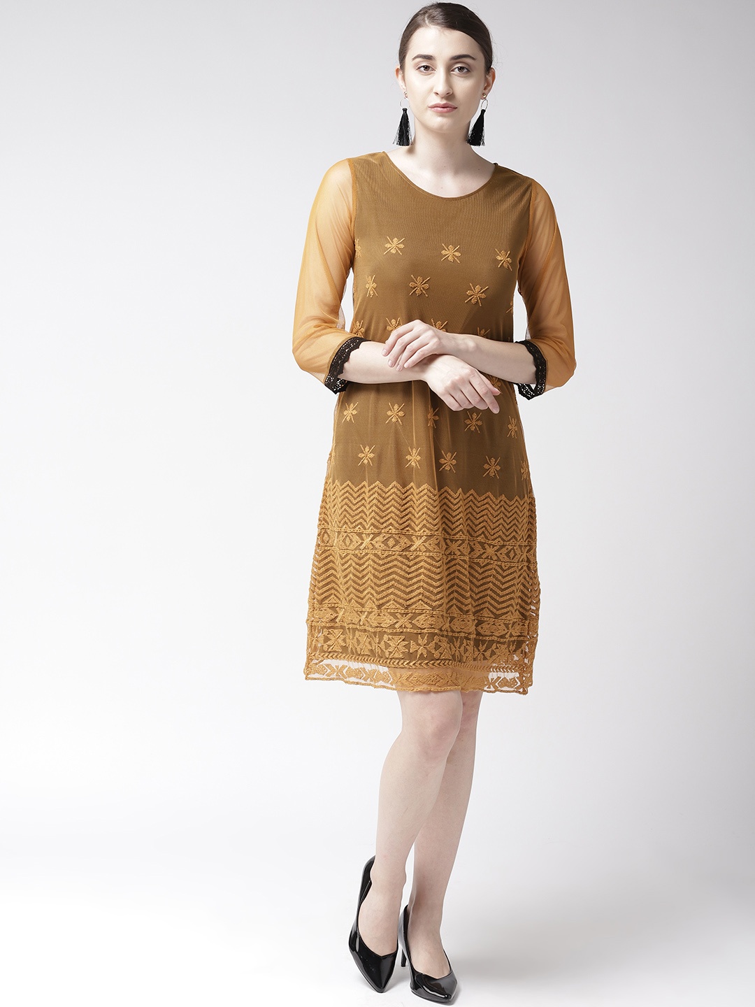 

Antheaa Women Mustard Yellow & Black Embroidered A-Line Dress