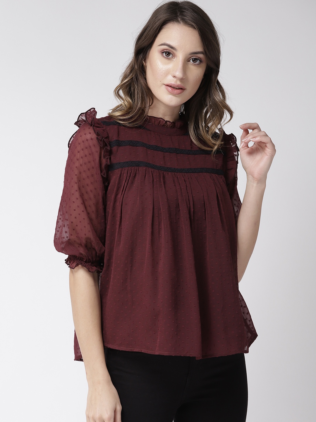 

Antheaa Women Burgundy Self-Design Top