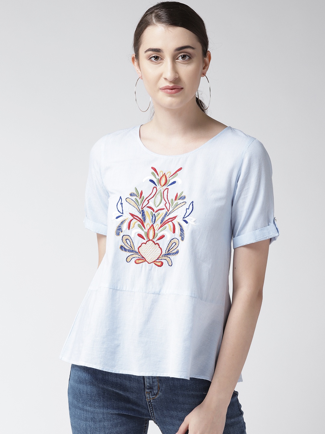 

Antheaa Women Blue & White Striped Embroidered Pure Cotton Top