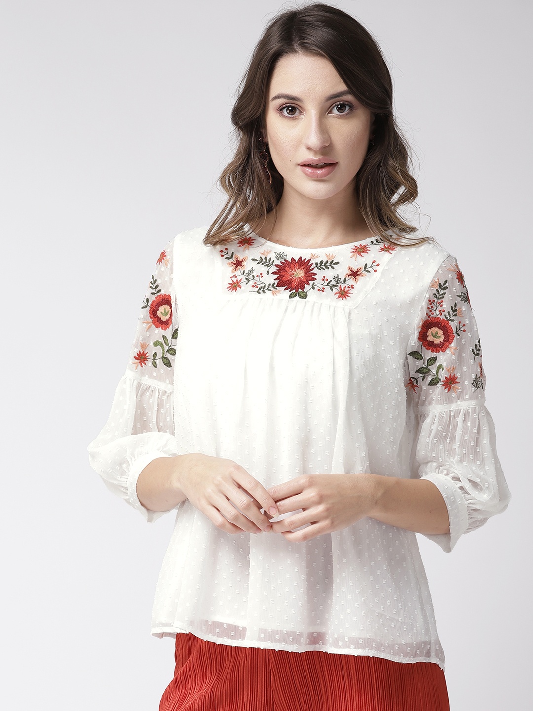 

Antheaa Women White Floral Embroidered Top