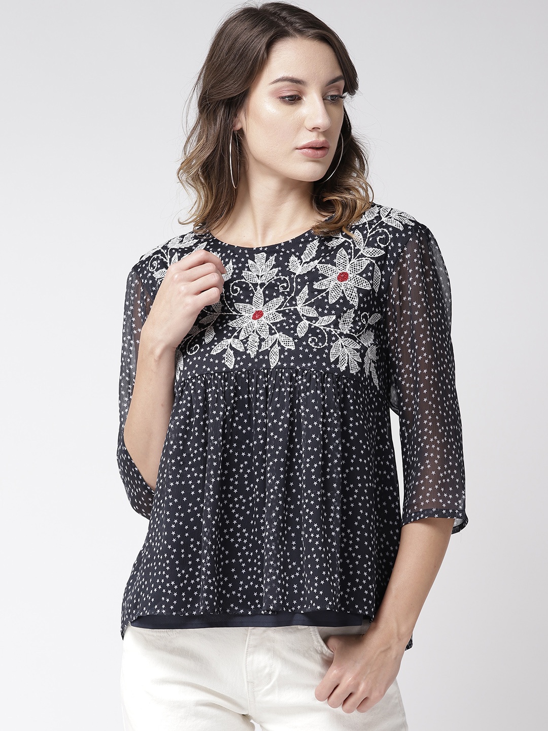 

Antheaa Women Navy & Off-White Printed A-Line Top, Navy blue