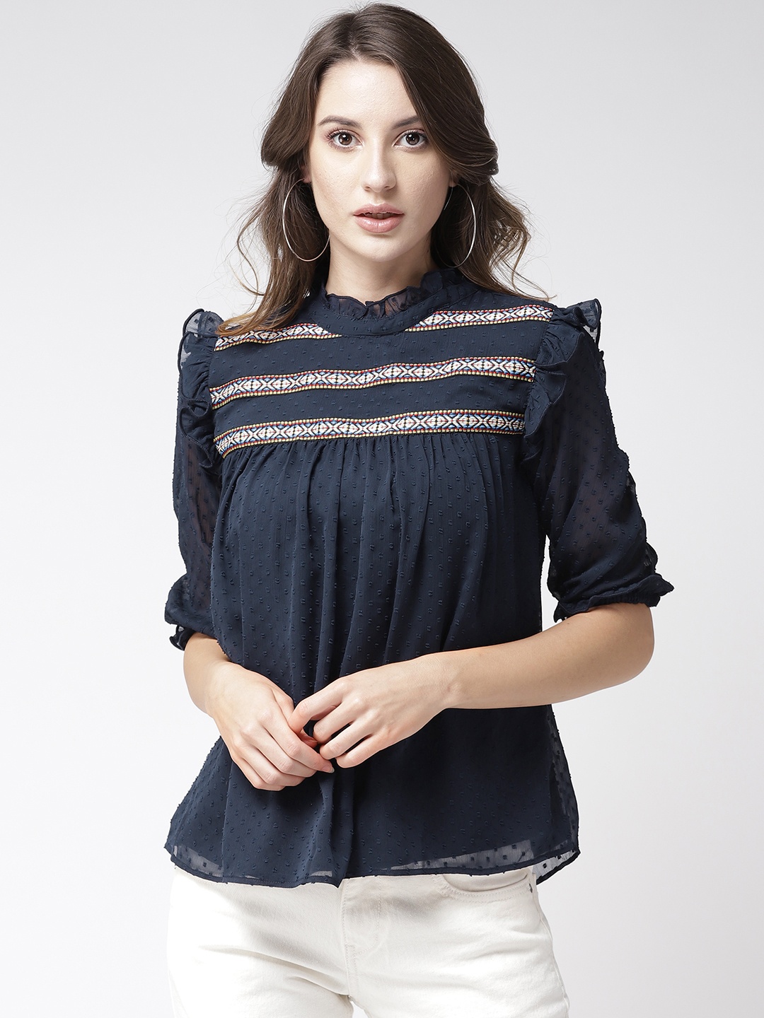 

Antheaa Women Navy Self-Design Top, Navy blue