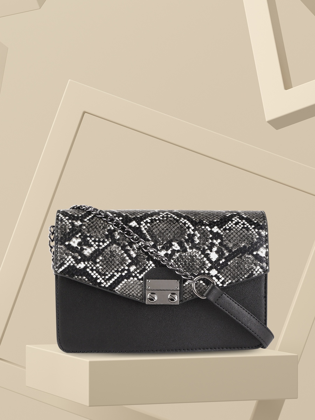 

DressBerry Black & Charcoal Grey Snakeskin Textured Sling Bag