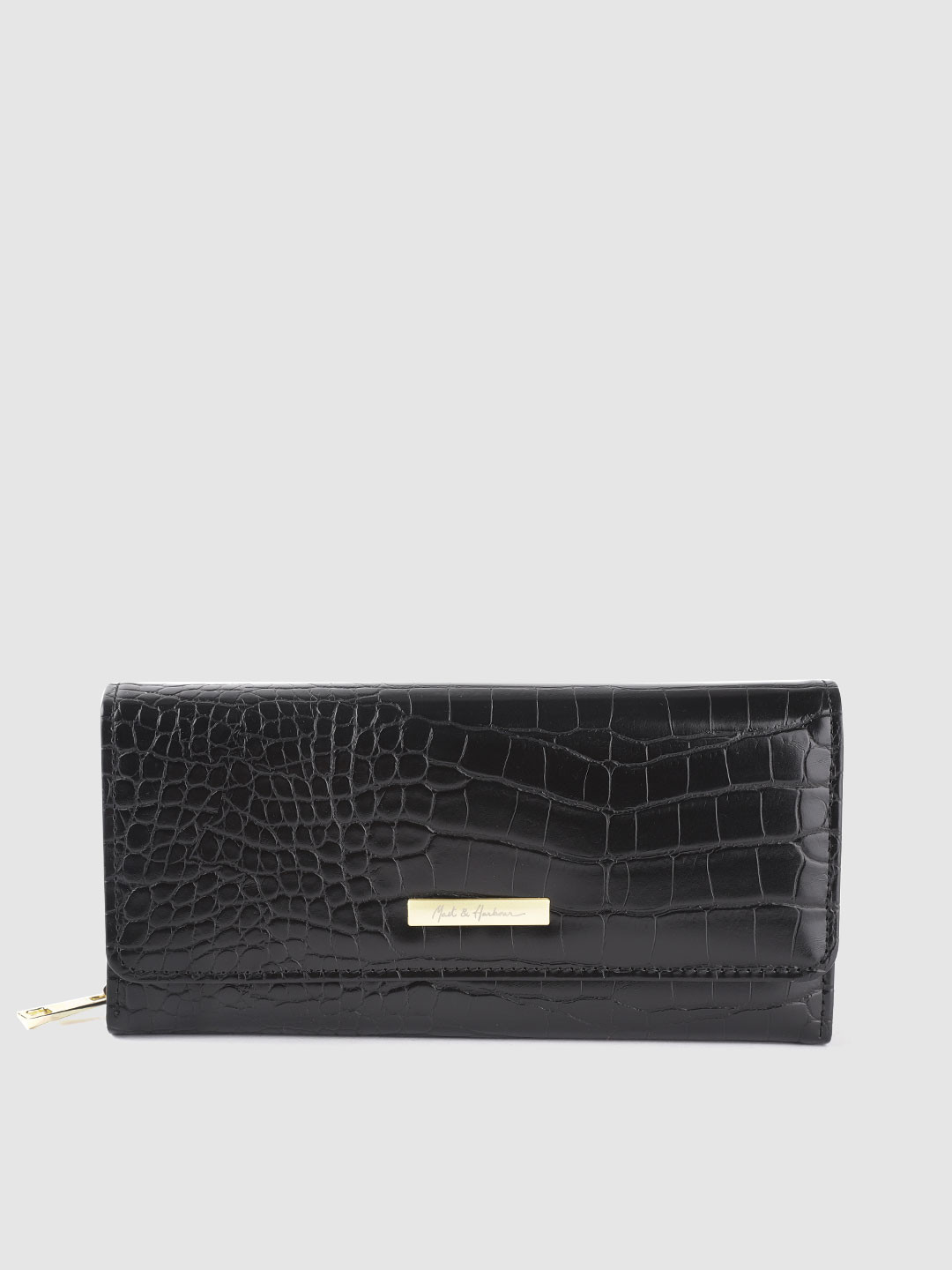 

Mast & Harbour Women Black Croc Textured Three Fold Wallet