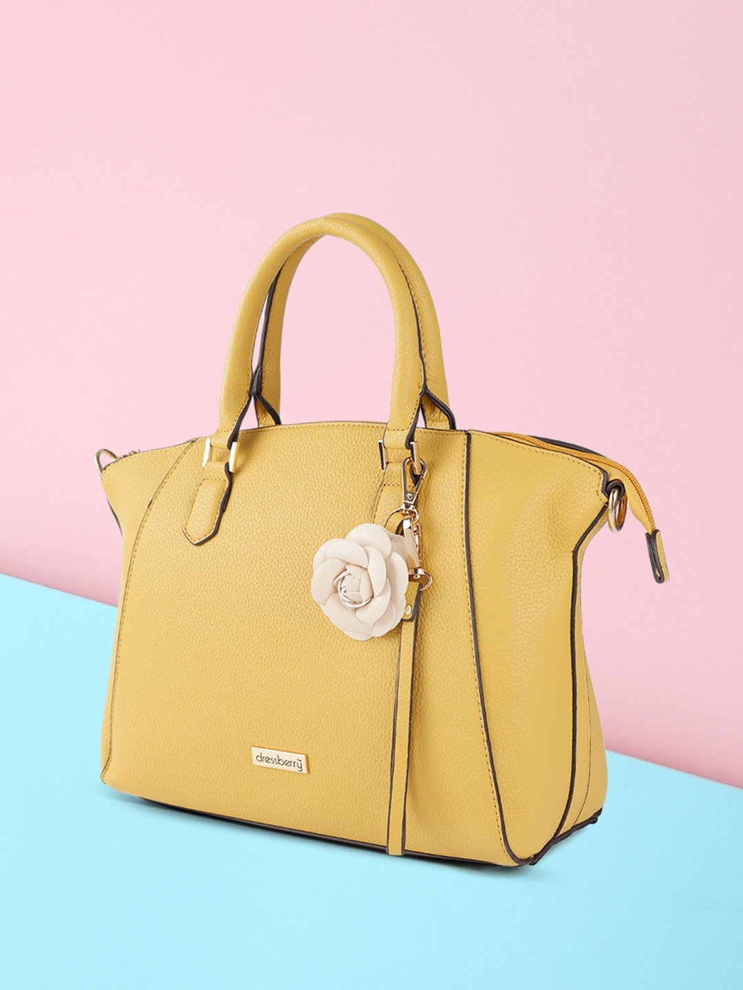

DressBerry Yellow Solid Handheld Bag with Detachable Sling Strap, Mustard