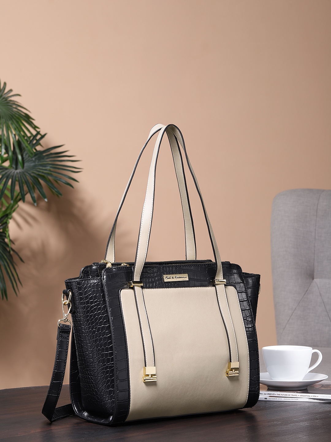 

Mast & Harbour Beige & Black Colourblocked Shoulder Bag with Croc Textured Detail