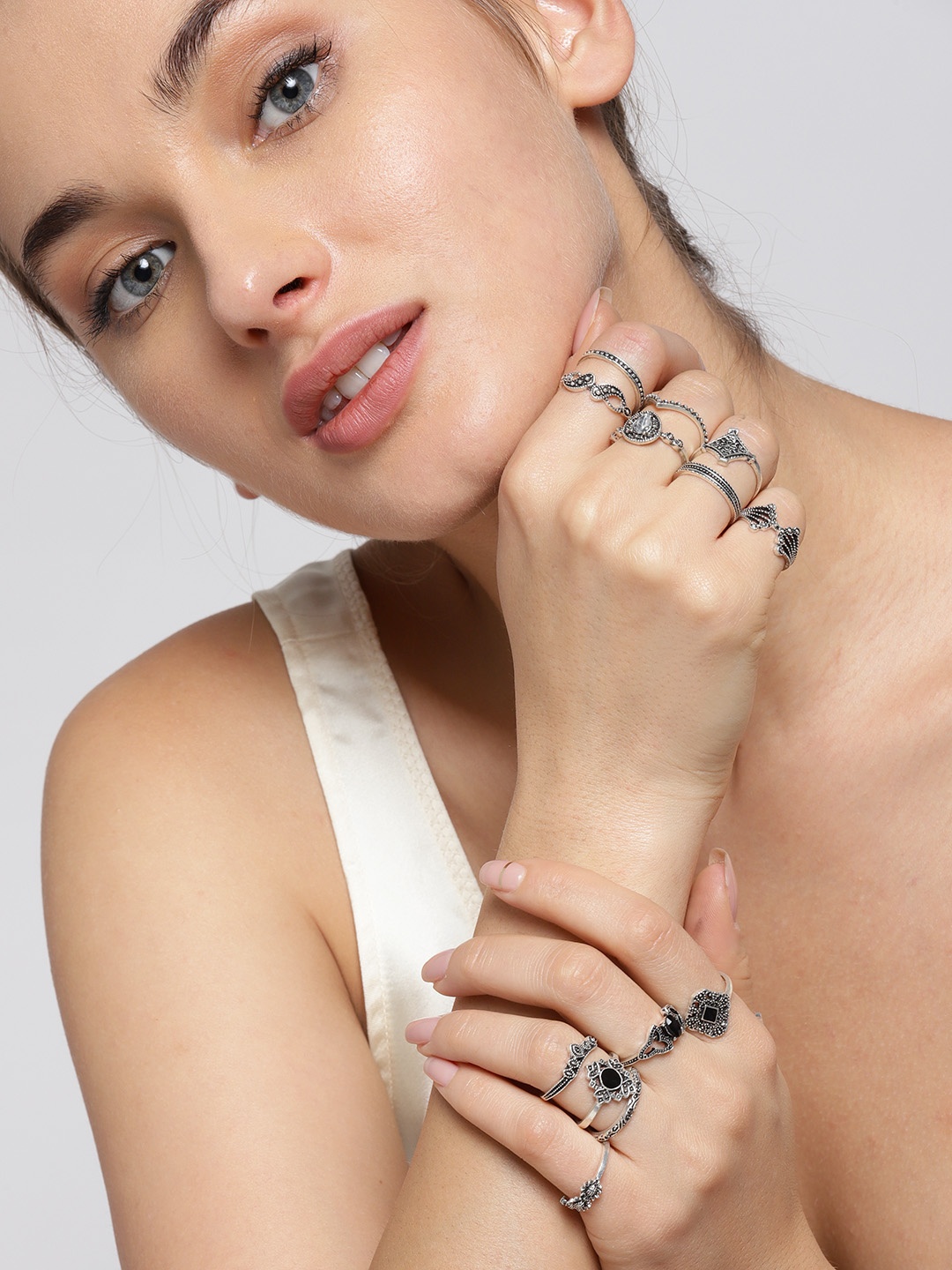 

Jewels Galaxy Women Set of 15 Silver-Plated Oxidized Finger Rings