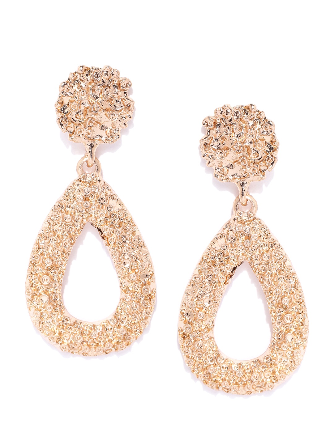 

Jewels Galaxy Gold-Plated Textured Teardrop Shaped Drop Earrings