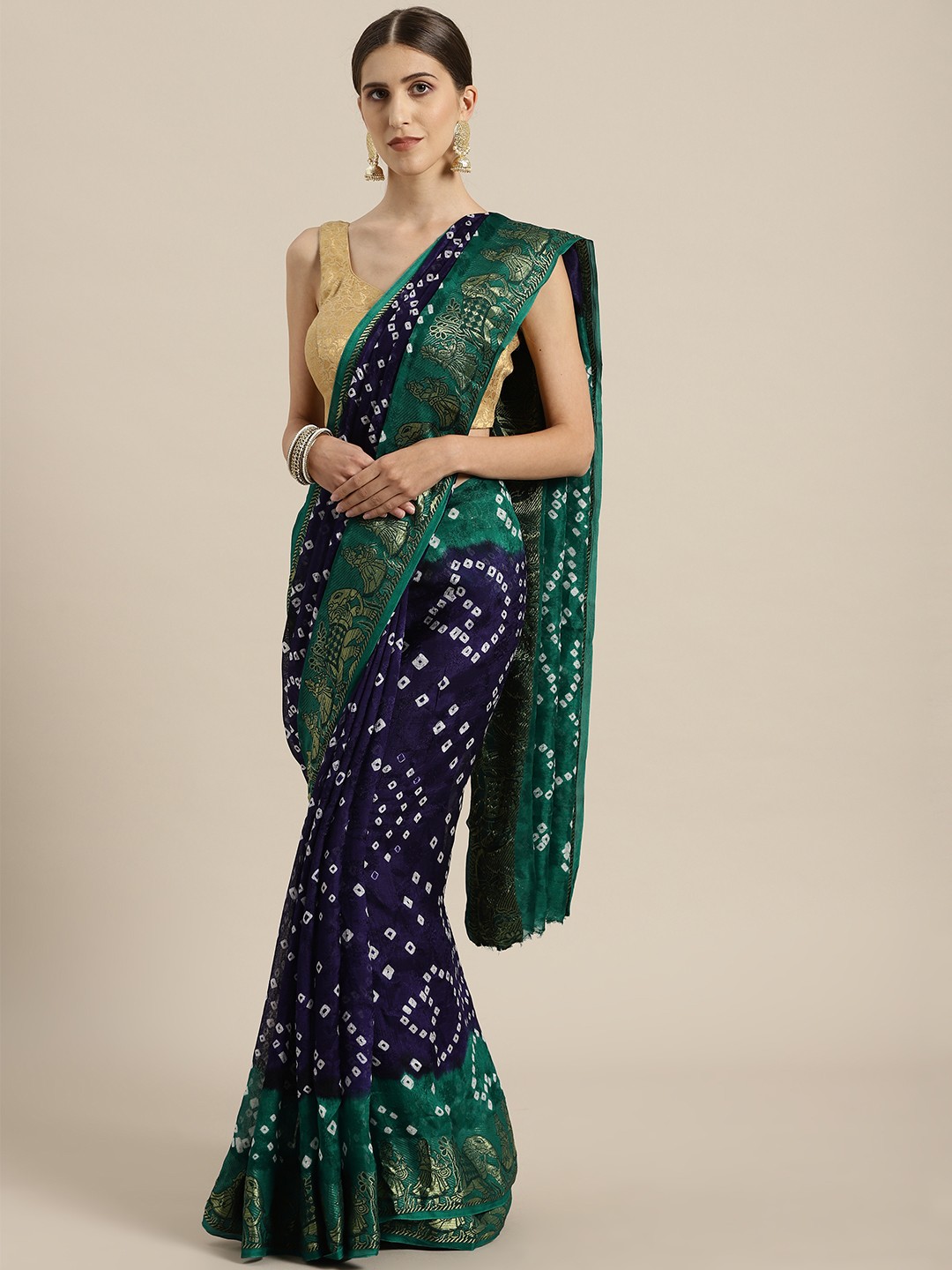 

Geroo Jaipur Hand Dyed Green & Blue Bandhani Silk Sustainable Saree