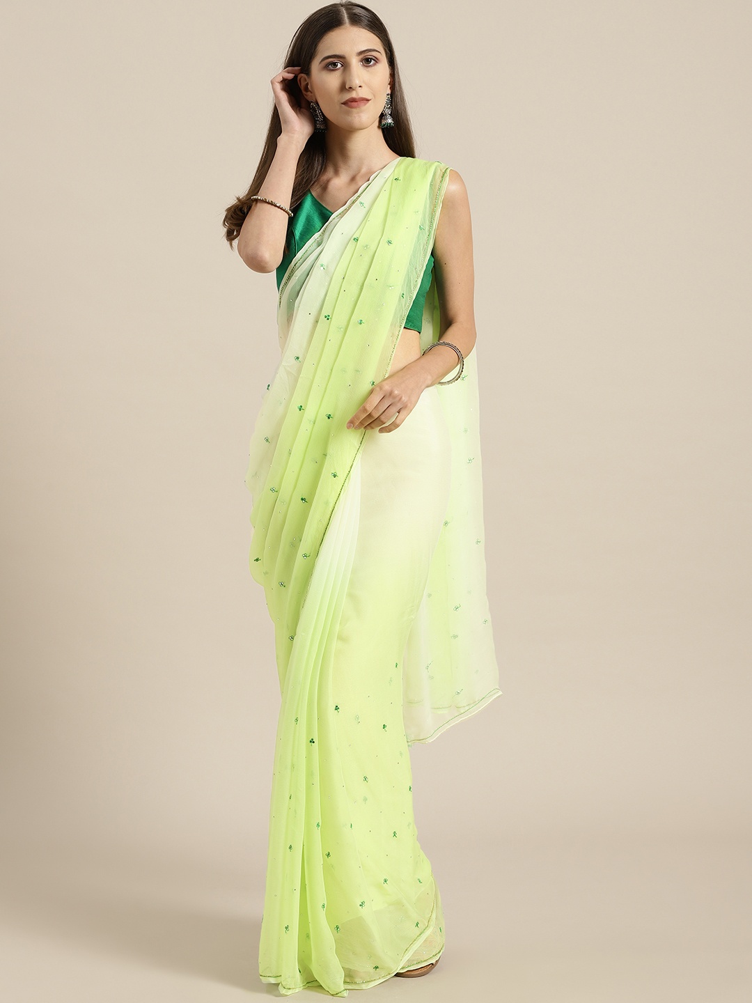

Geroo Jaipur Lime Green Hand Embroidered Chiffon Sustainable Saree