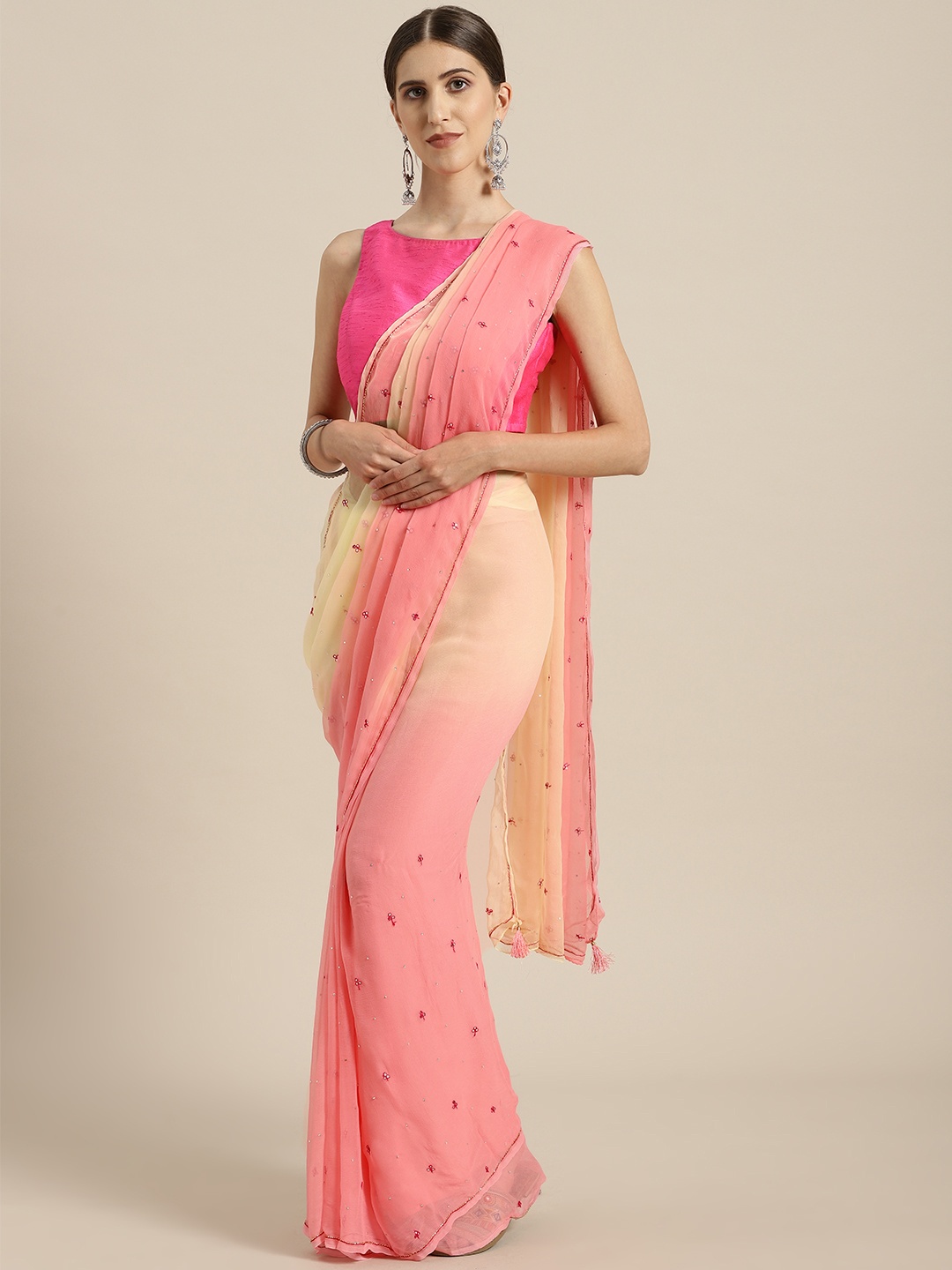 

Geroo Jaipur Pink & Yellow Hand Embroidered Chiffon Sustainable Saree