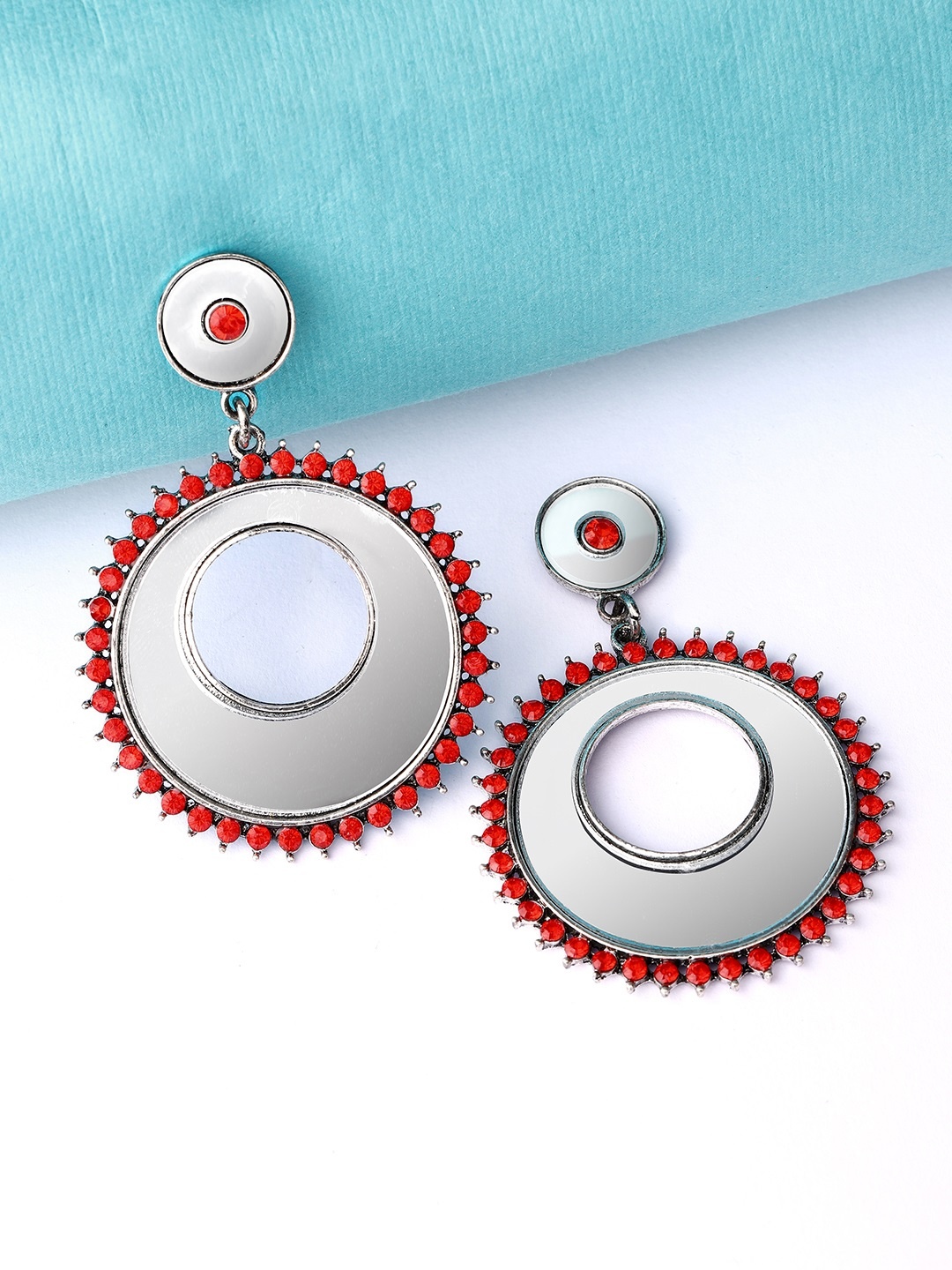 

Rubans Silver-Toned & Red Circular Drop Earrings