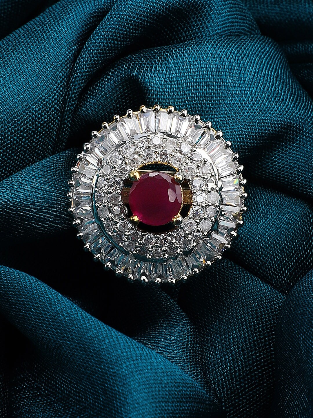 

Rubans Gold-Plated Red CZ-Studded Hand-Painted Statement Finger Ring