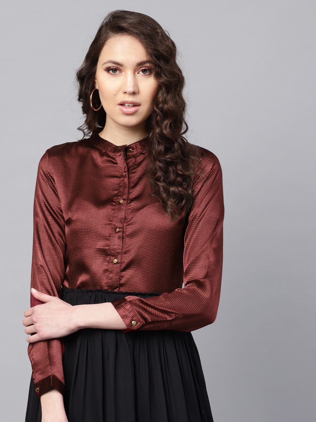 

SASSAFRAS Women Maroon Satin Finish Self-Striped Party Shirt