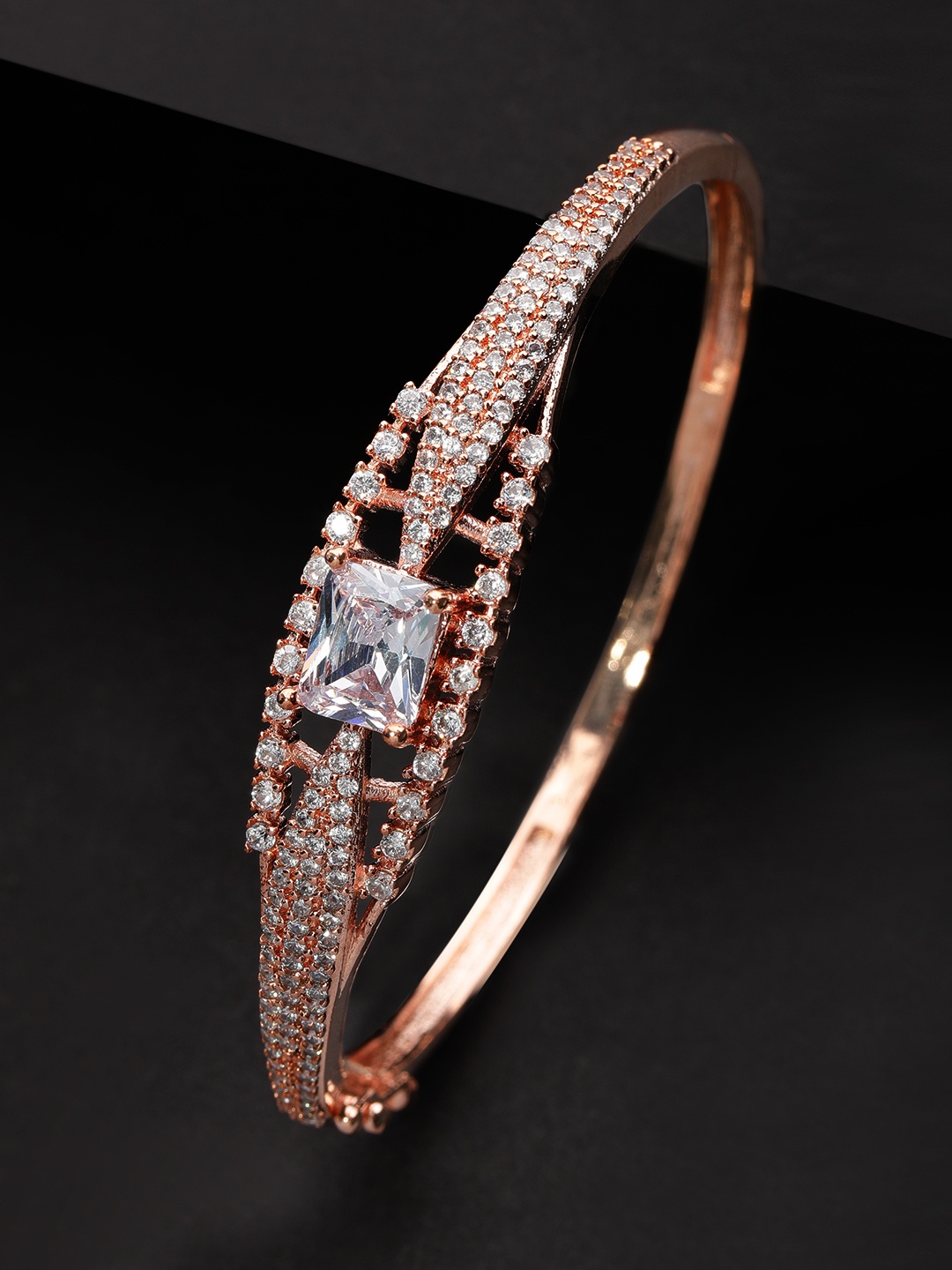 

Rubans Rose Gold Plated Cubic Zirconia Studded Statement Adjustable Bracelet
