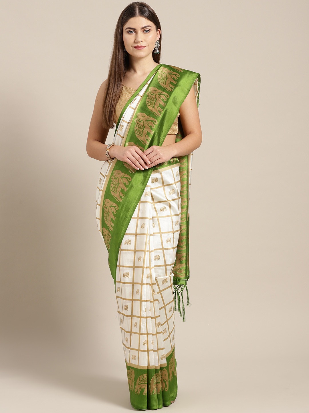 

Ishin Women Off-White & Green Checked Mysore Silk Saree