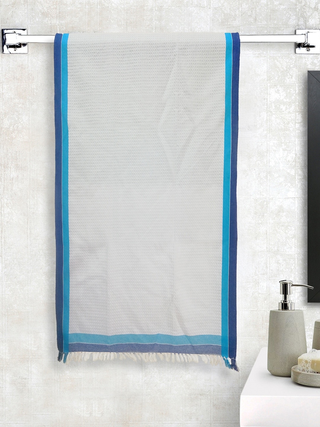 

Athom Trendz White & Blue Solid Bath Towel