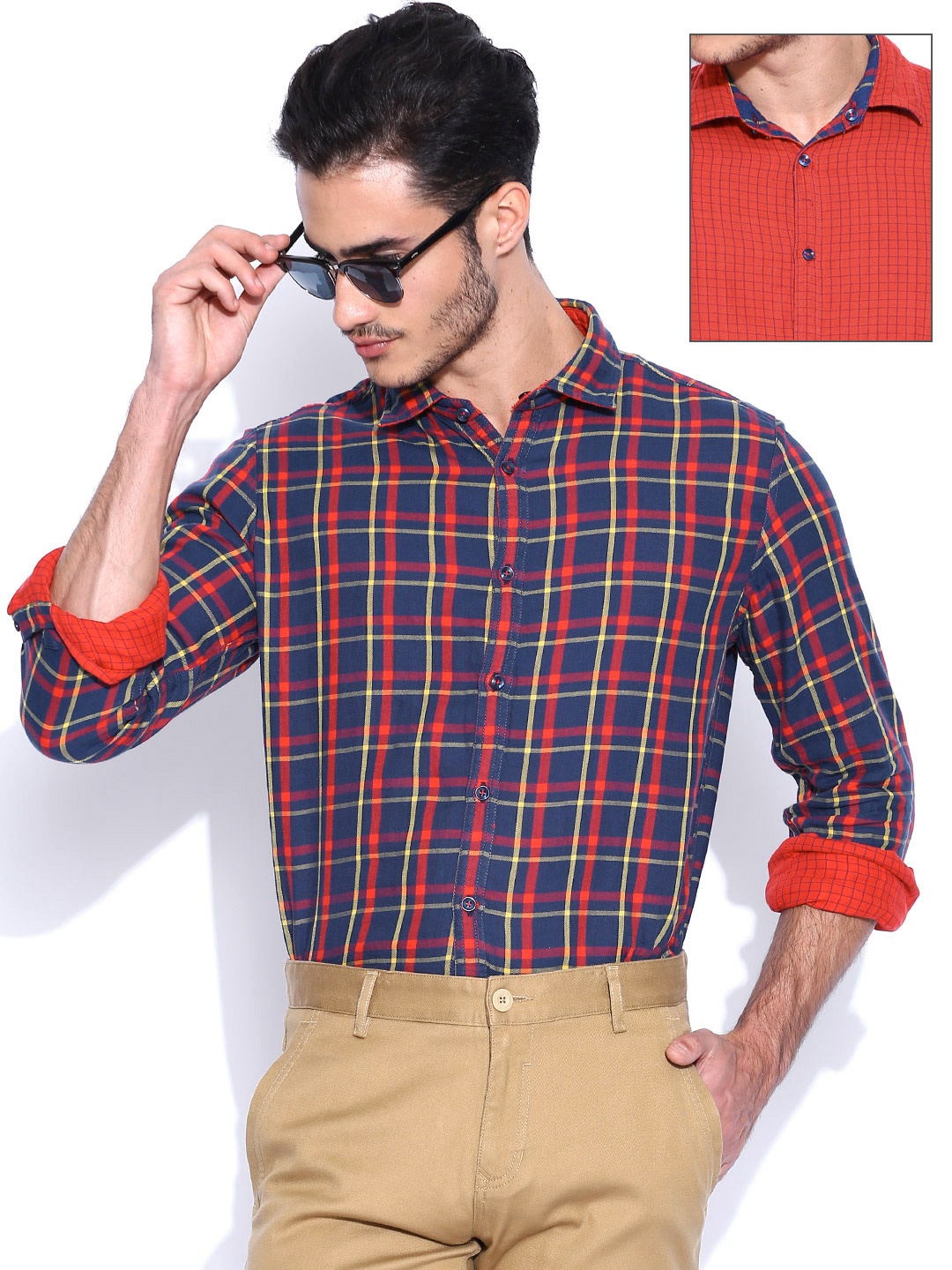 

Parx Navy & Red Checked Reversible Casual Shirt, Navy blue