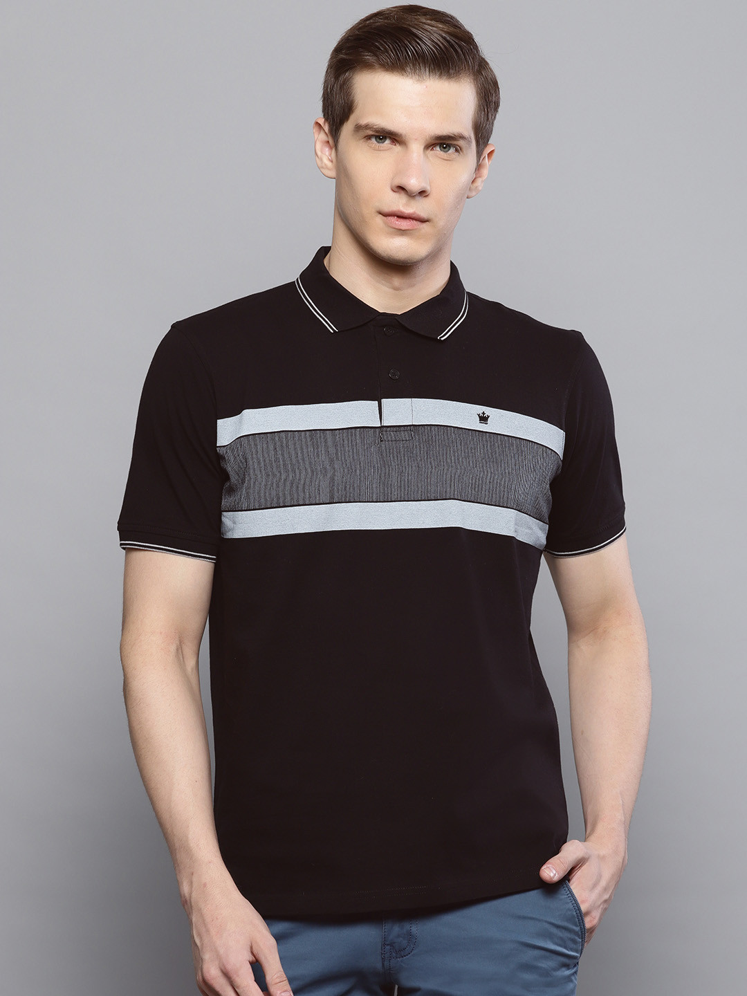 

Louis Philippe Men Black & Grey Solid Polo Collar T-shirt