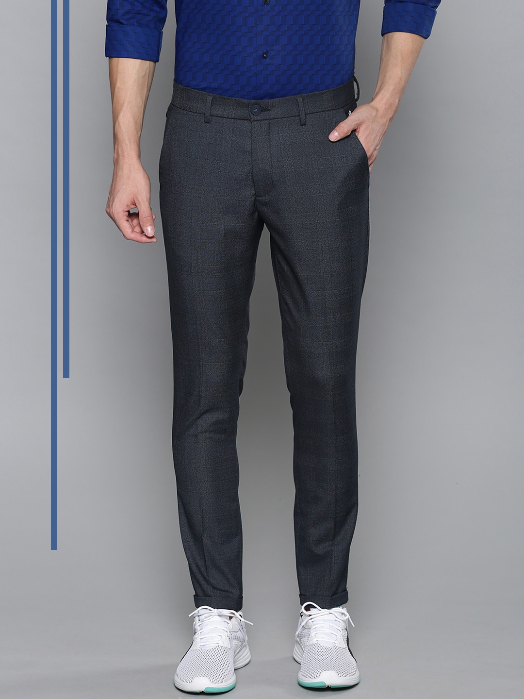

Louis Philippe Ath.Work Men Navy Blue & Grey Comfy Slim Fit Checked Smart Casual Trousers