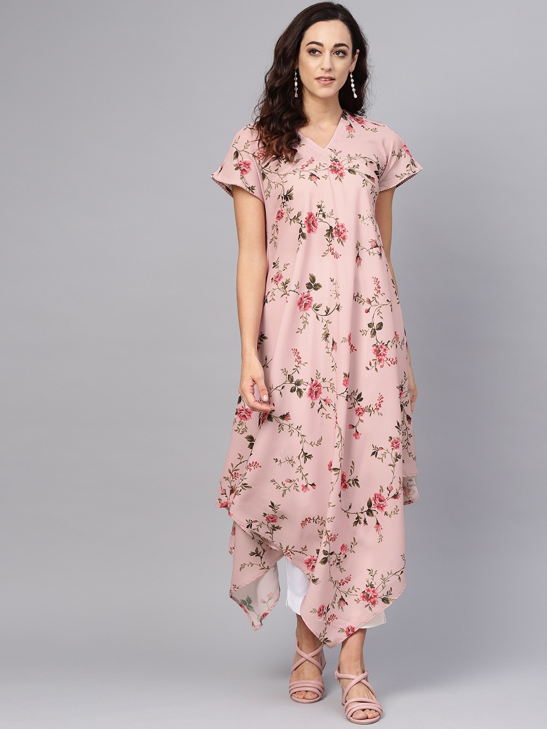 

Ahalyaa Women Dusty Pink & Olive Green Printed Kurta with Trousers
