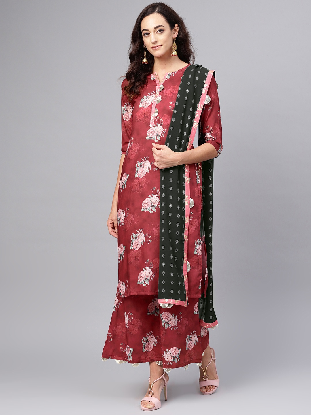 

Ahalyaa Women Maroon Printed Kurta with Palazzos & Dupatta