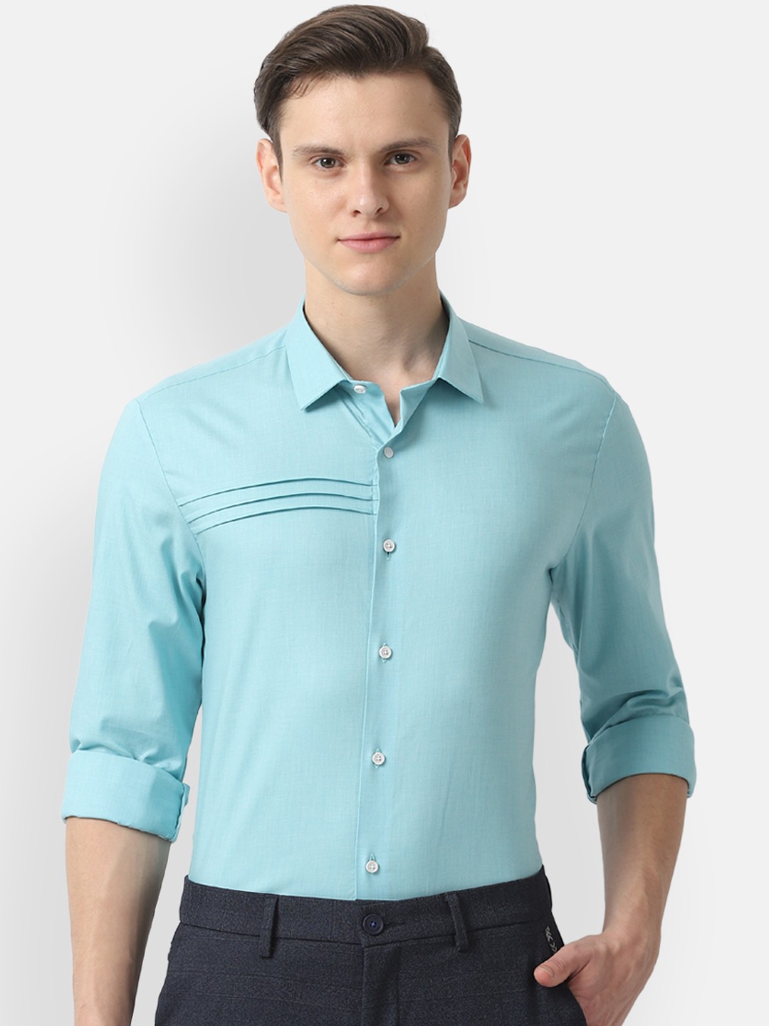 

Louis Philippe Ath.Work Men Turquoise Blue Super Slim Fit Solid Smart Casual Shirt