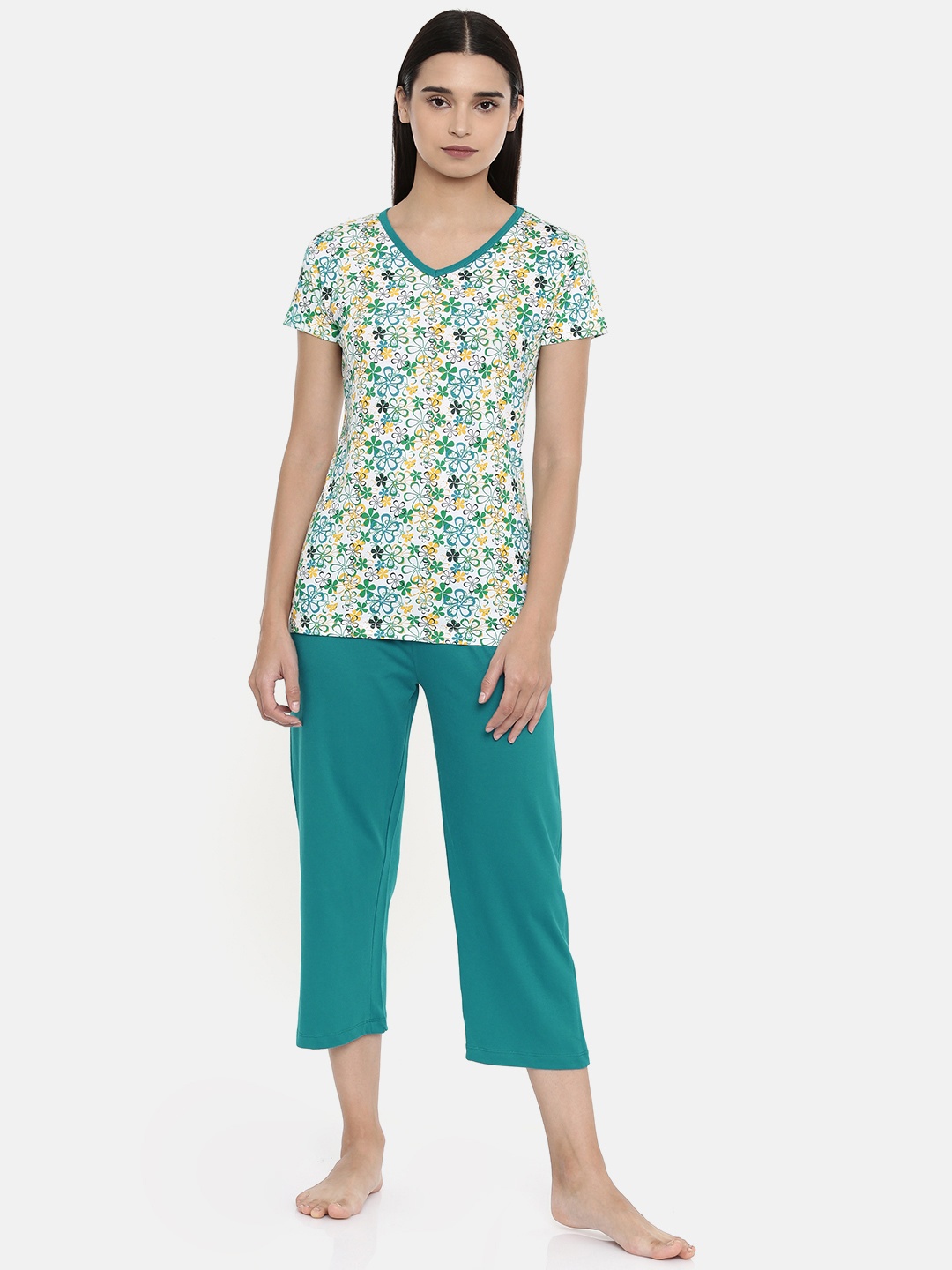 

zebu Women Teal Blue & White Printed Night suit