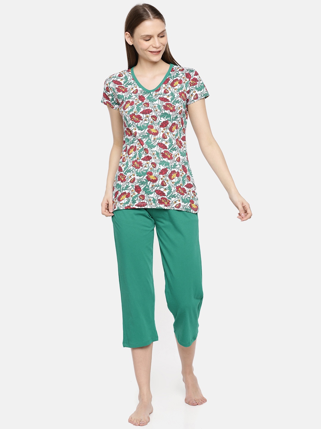 

zebu Women White & Green Printed Night Suit