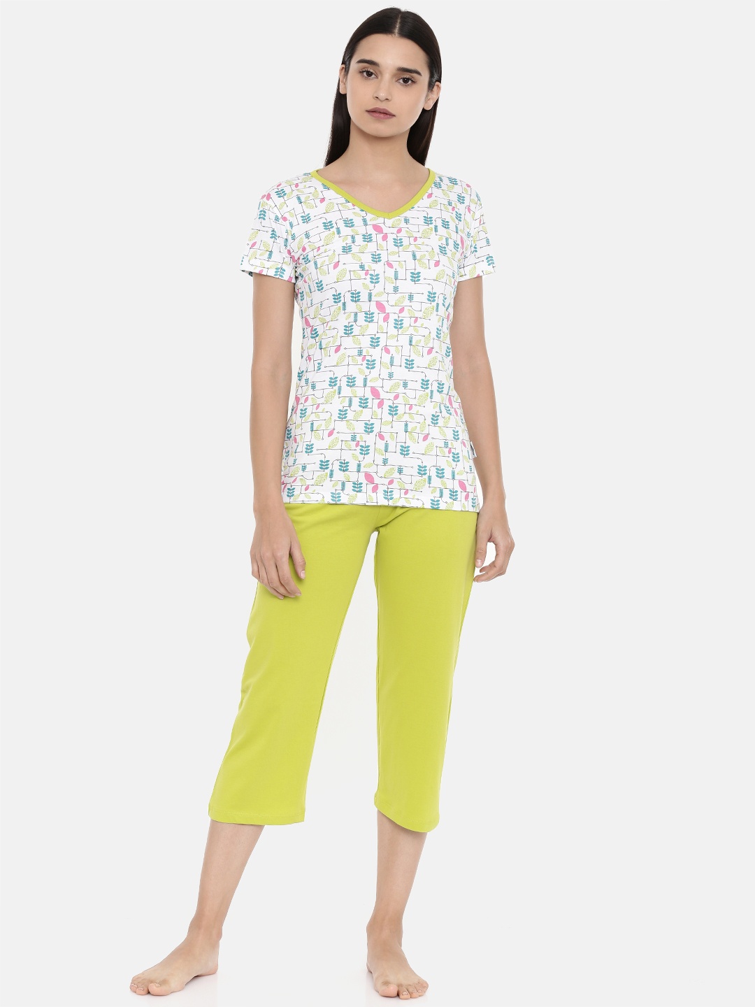 

zebu Women White & Lime Green Printed Night suit