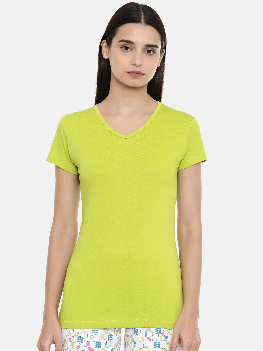 

zebu Women Lime Green Solid V-Neck Lounge T-Shirt