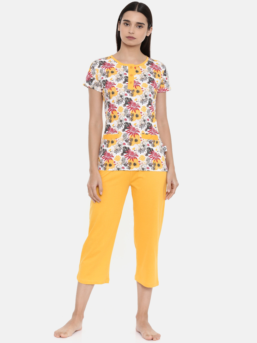 

zebu Women White & Yellow Printed Night suit