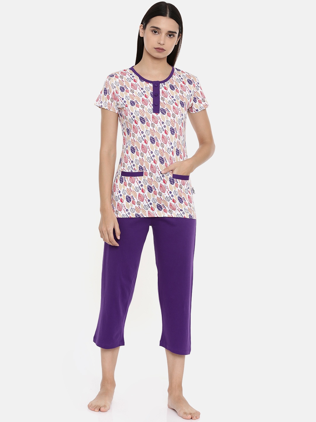 

zebu Women White & Purple Printed Night suit