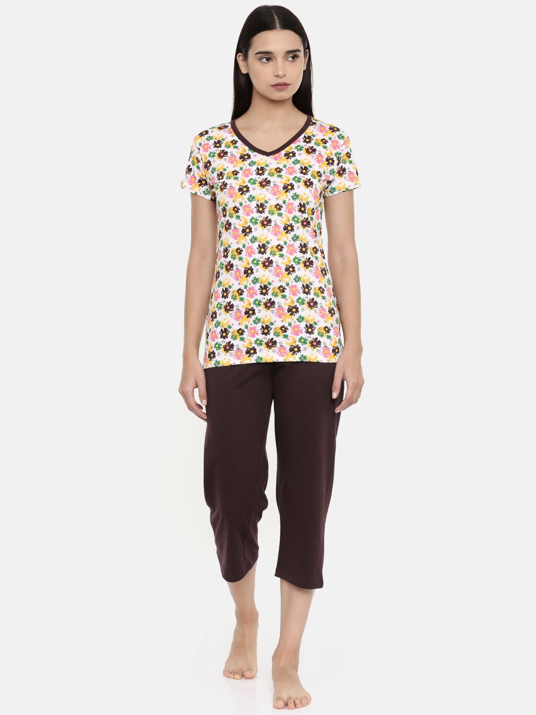 

zebu Women Coffee Brown & White Printed Night suit