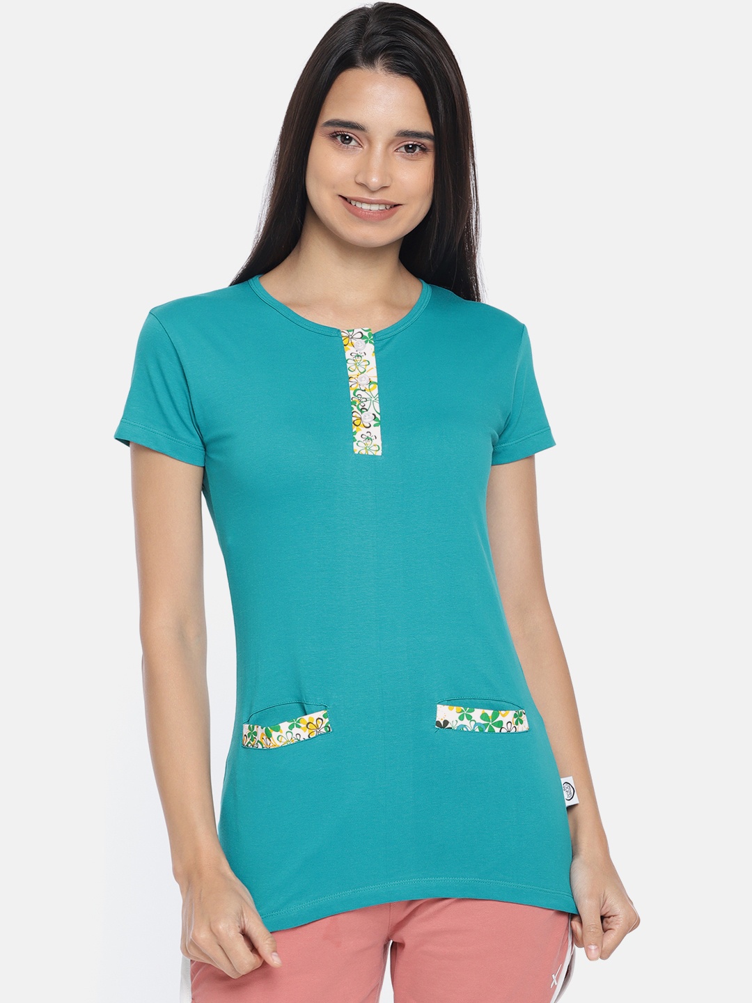 

zebu Women Teal Blue Solid Round Neck Pure Cotton T-shirt