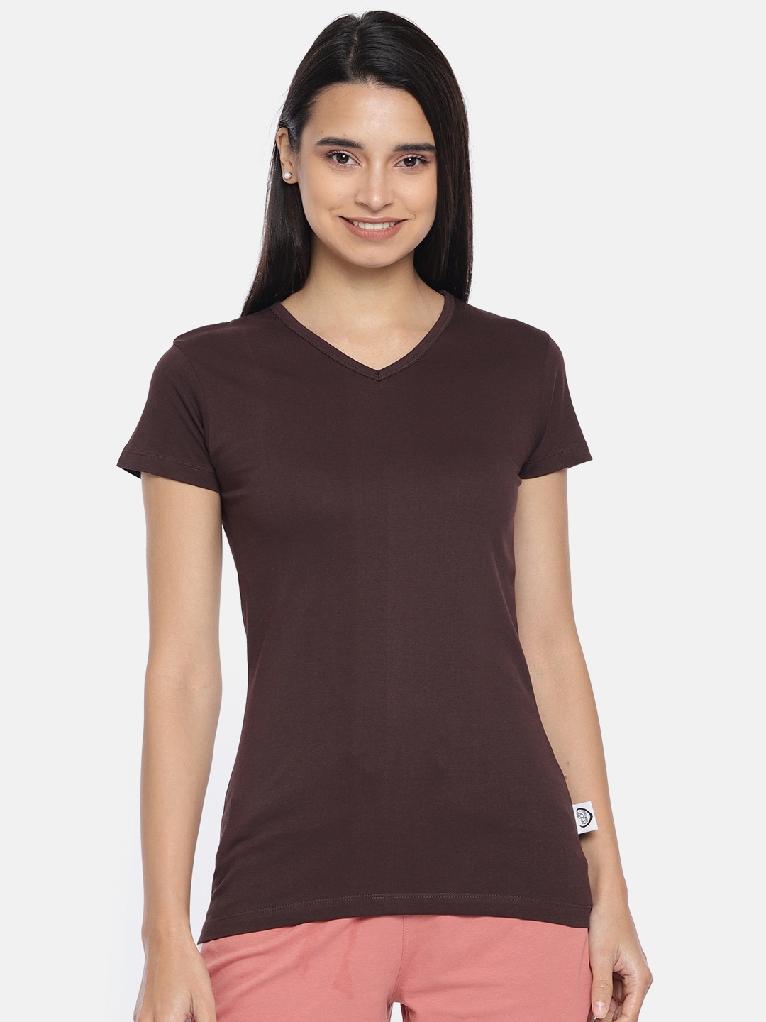 

zebu Women Brown Solid V-Neck Pure Cotton T-shirt