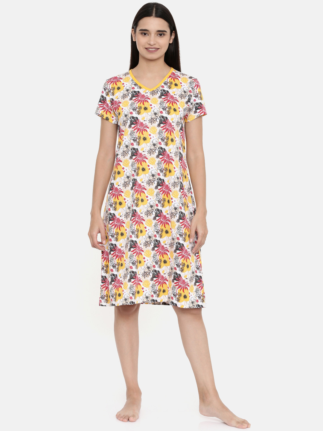 

zebu White & Yellow Pure Cotton Printed Nightdress