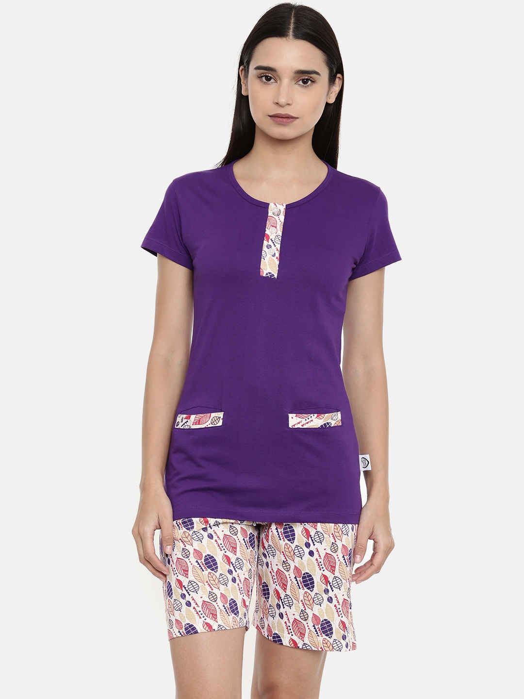 

zebu Women Purple & White Solid Night suit