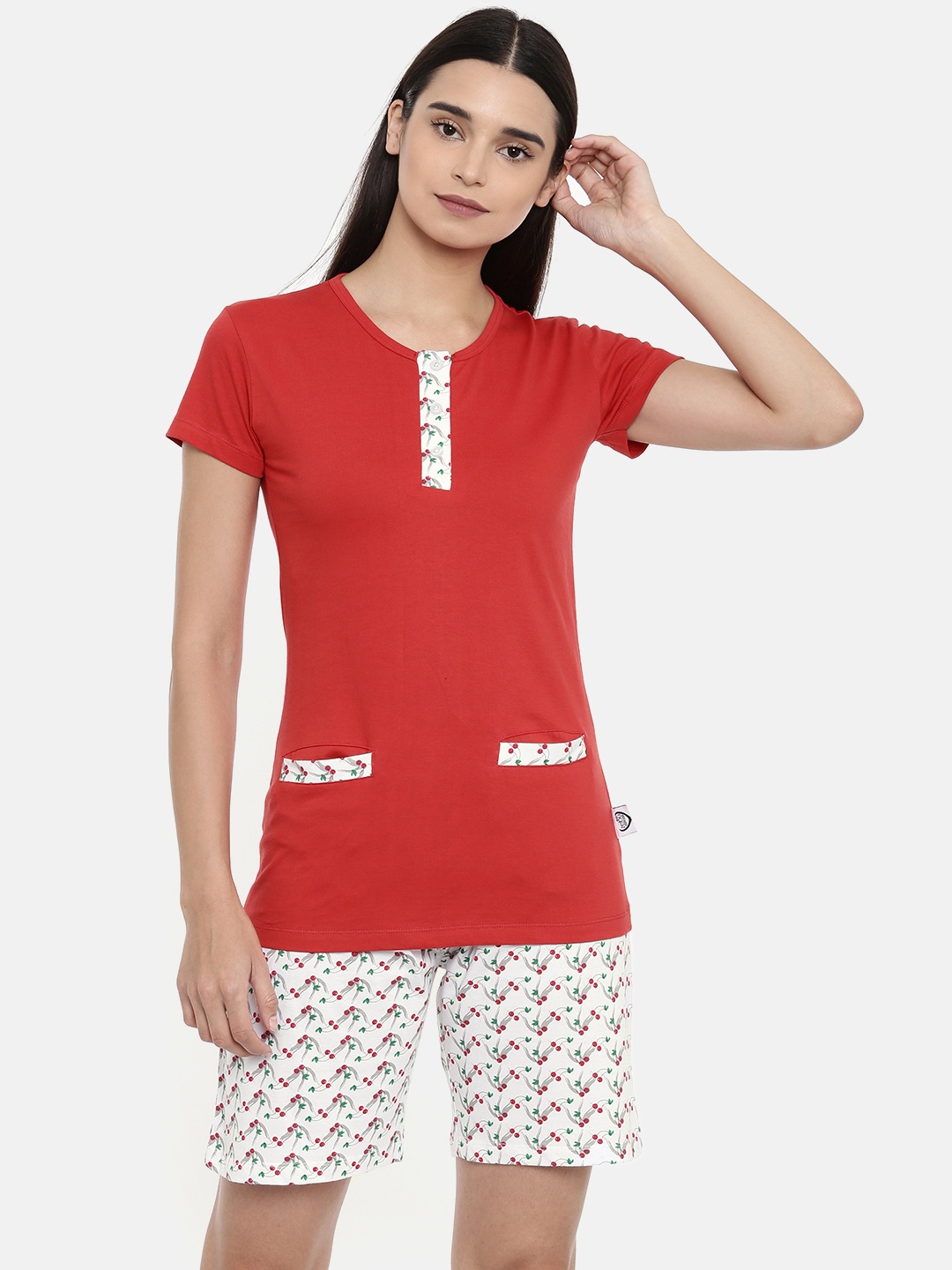 

zebu Women Red & White Solid Night suit