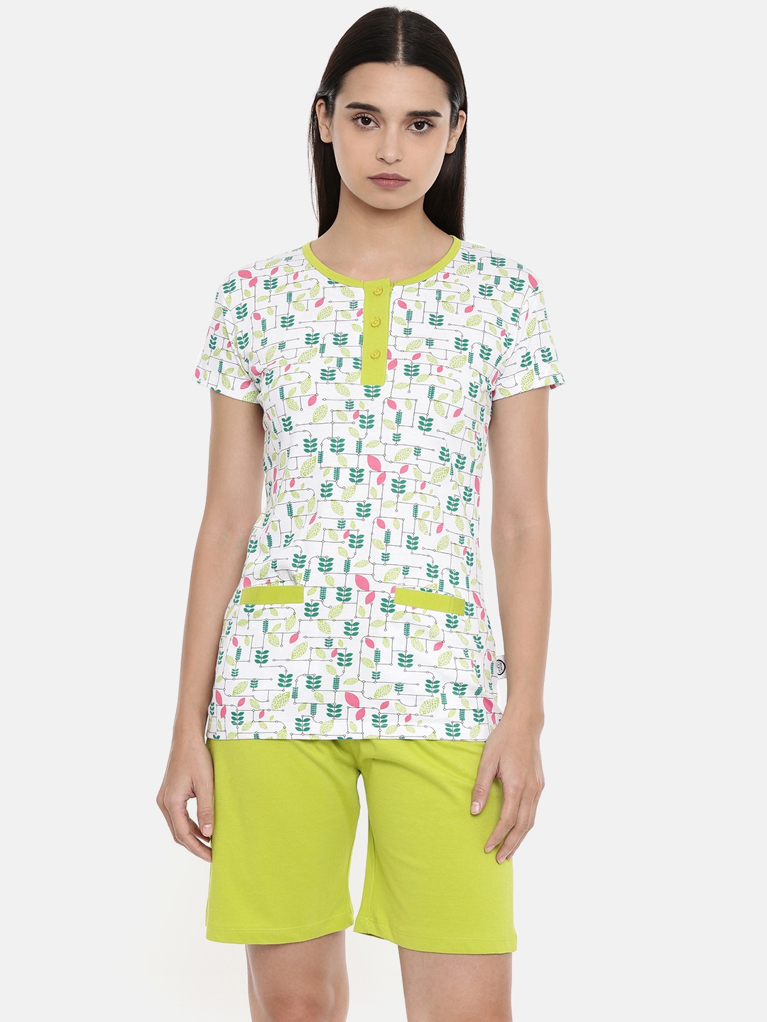 

zebu Women Lime Green & White Printed Night suit
