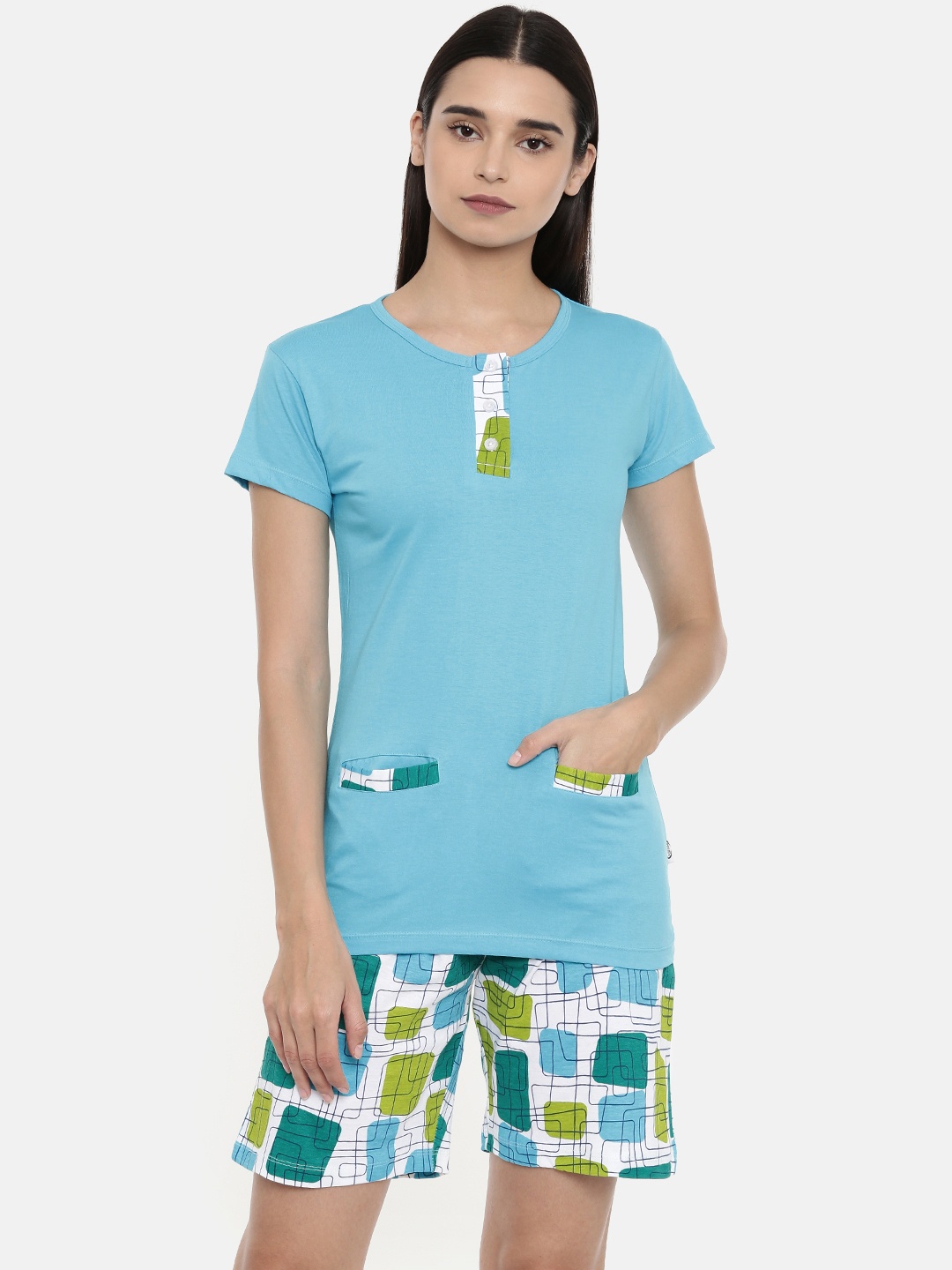 

zebu Women Blue & Green Solid Night suit