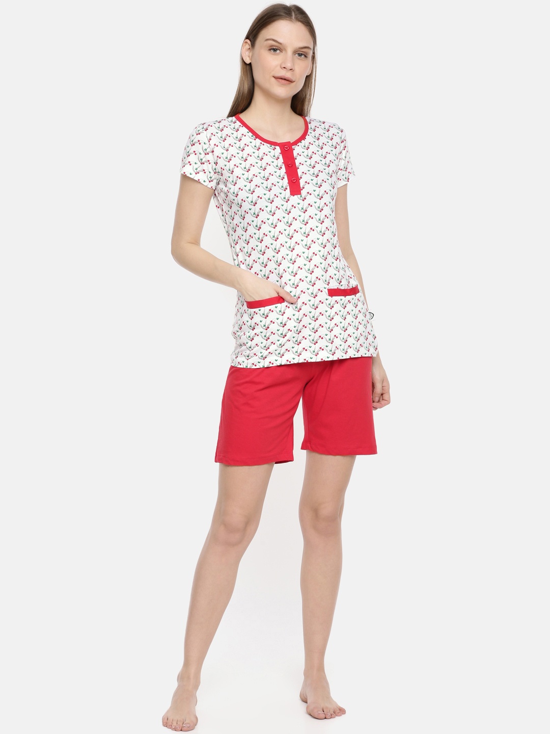 

zebu Women White & Red Printed Night Suit