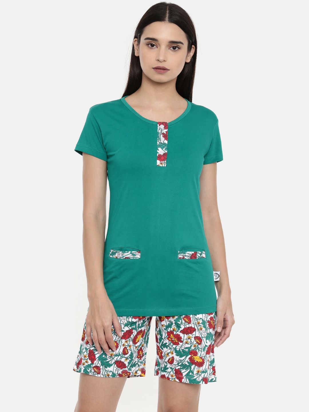 

zebu Women Sea Green & White Solid Night suit