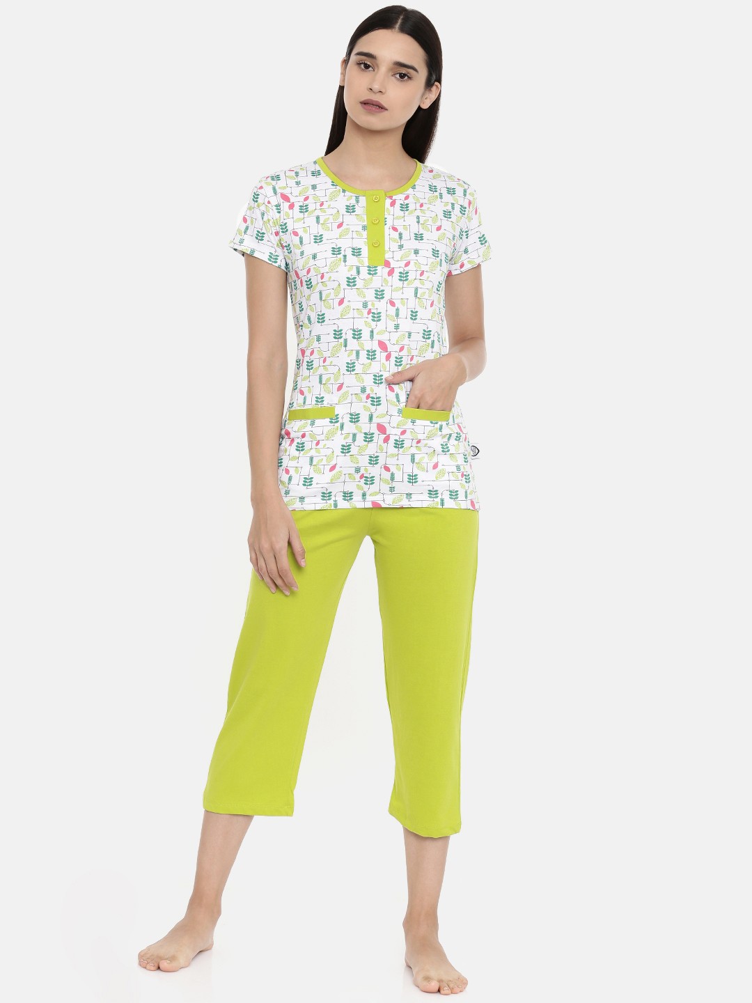 

zebu Women Lime Green & White Printed Night suit