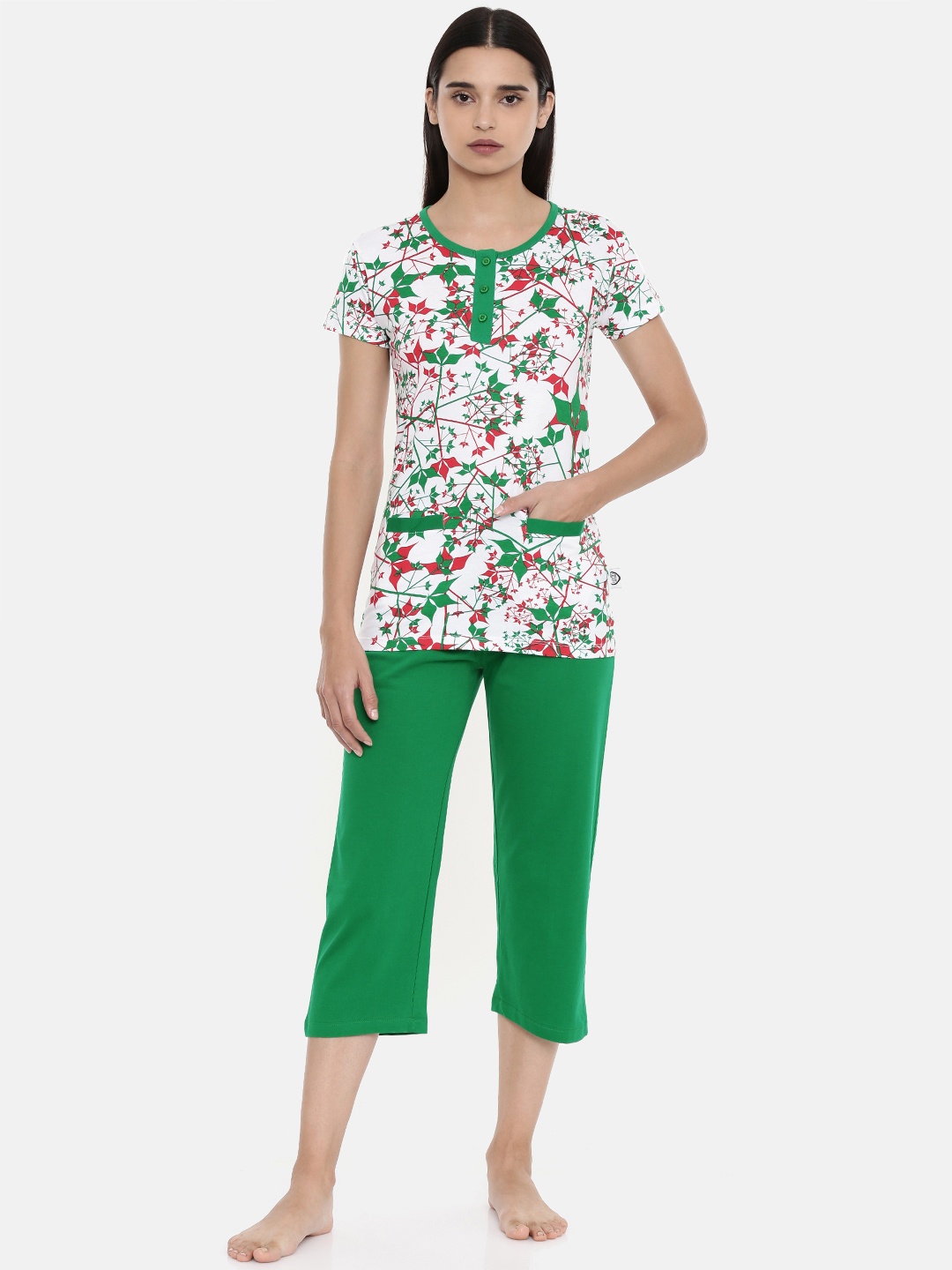 

zebu Women Green & White Printed Night suit
