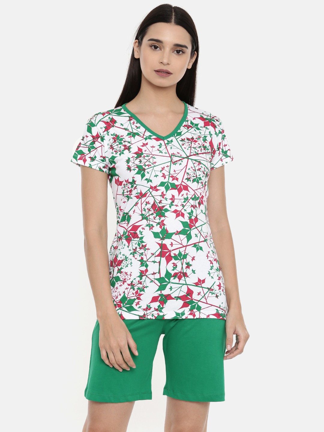 

zebu Women Green & White Printed Night suit