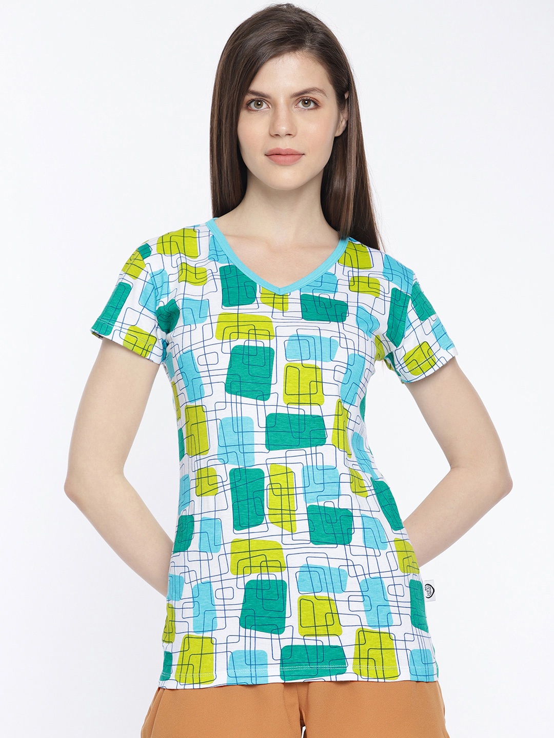 

zebu Women White & Blue Printed V-Neck Lounge T-shirt